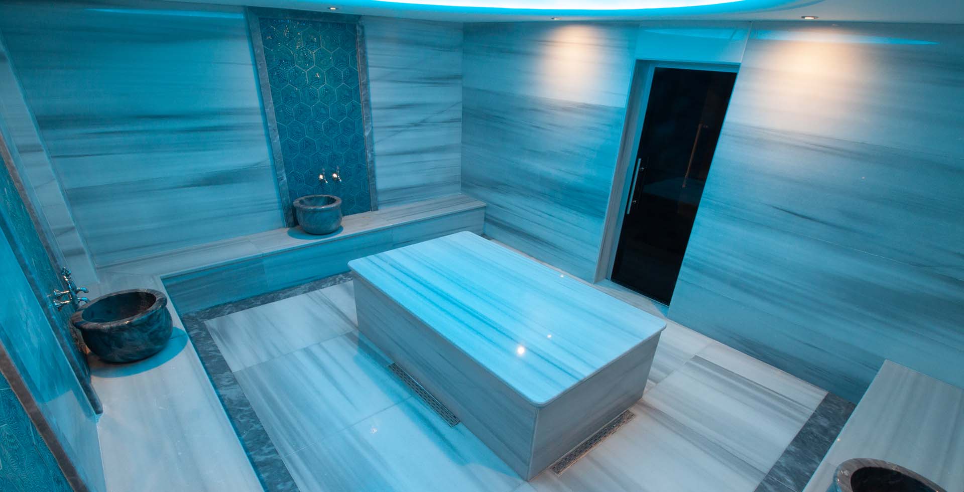 Right side view of the interior of a Turkish hammam in Amsterdam, featuring traditional design elements and relaxation areas.